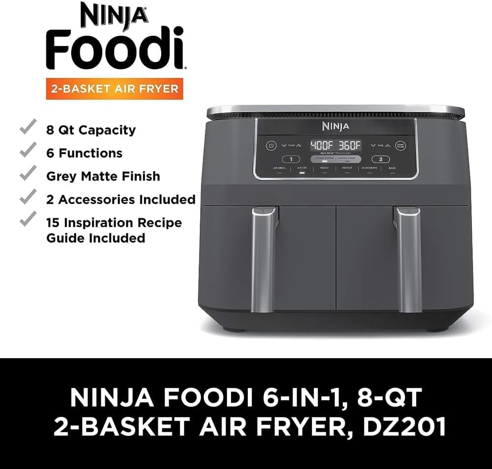 Ninja DZ401 Foodi 10 Quart 6-in-1 DualZone XL 2-Basket Air Fryer with 2 Independent Frying Baskets, Match Cook & Smart Finish to Roast, Broil, Dehydrate for Quick, Easy Family-Sized Meals, Grey