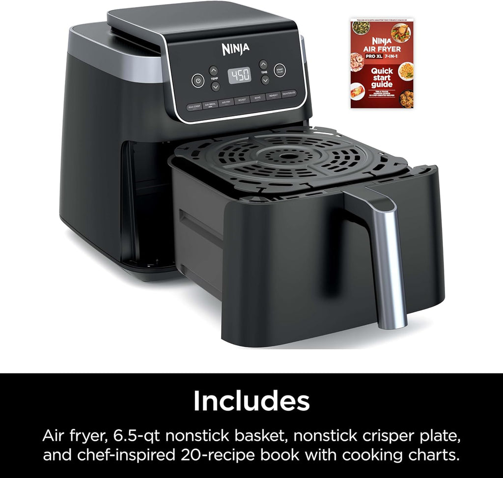 Ninja Air Fryer Pro XL 7-in-1, Max Crisp Tech, 450F for Hotter, Crispy Results, 6.5 QT Capacity fits 9lb wings, Max Crisp, Broil, Air Fry, Roast, Bake, Reheat, Dehydrate, Space Saving, Grey, AF182AMZ