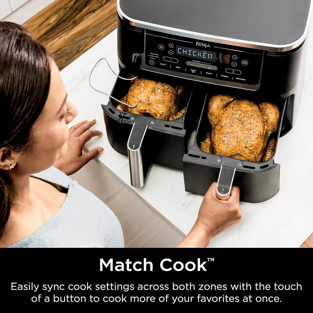 Ninja DZ401 Foodi 10 Quart 6-in-1 DualZone XL 2-Basket Air Fryer with 2 Independent Frying Baskets, Match Cook & Smart Finish to Roast, Broil, Dehydrate for Quick, Easy Family-Sized Meals, Grey