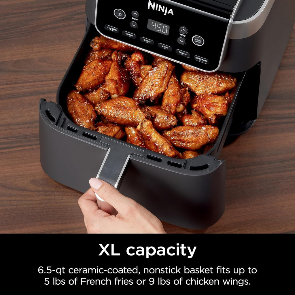 Ninja Air Fryer Pro XL 7-in-1, Max Crisp Tech, 450F for Hotter, Crispy Results, 6.5 QT Capacity fits 9lb wings, Max Crisp, Broil, Air Fry, Roast, Bake, Reheat, Dehydrate, Space Saving, Grey, AF182AMZ