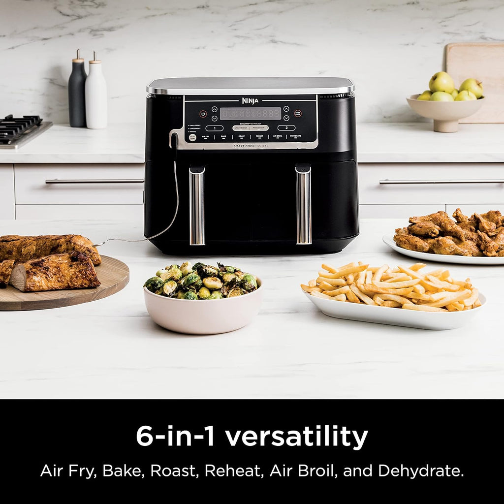 Ninja DZ071 Foodi 6-in-1 FlexBasket Air Fryer with 7-QT MegaZone & Basket Divider for Large Proteins & Full Meals, Smart Finish Cook 2 Foods 2 Ways, Family Sized Capacity, Air Fry, Roast & More, Black