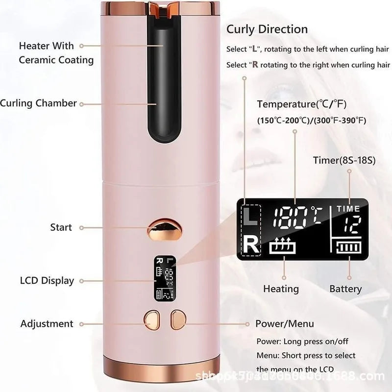 5000mAh Cordless Auto Hair Curler – USB Rechargeable Smart Curling Wand with LCD Display, Portable & Effortless Styling Tool