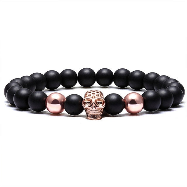 LIVVY Charm Stone Natural Pearl Men's Bracelet Punk CZ Head Skeleton Bracelet Men's Fashion Bead Bracelet