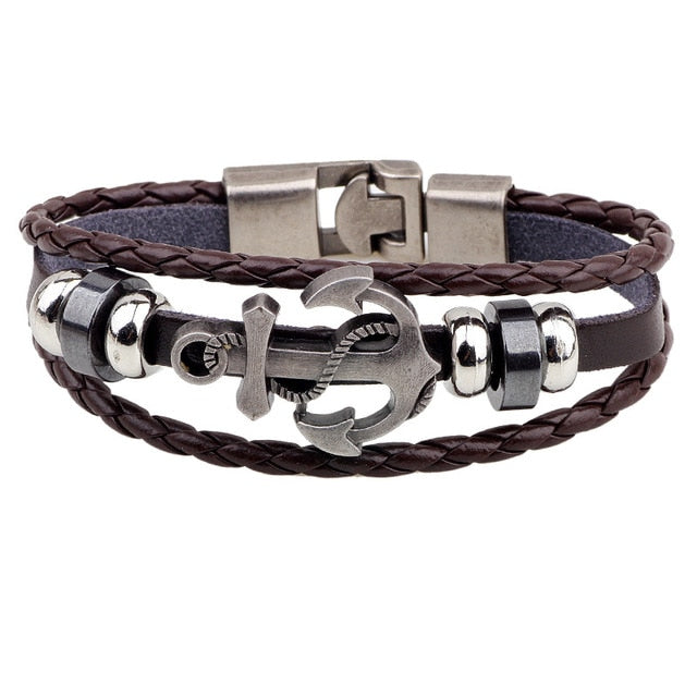 2019 Newest Design Fashion Multi-layer Leather Bracelet Men Vintage Punk Anchor Bracelets Women Nautical Jewelry Preferred Gift