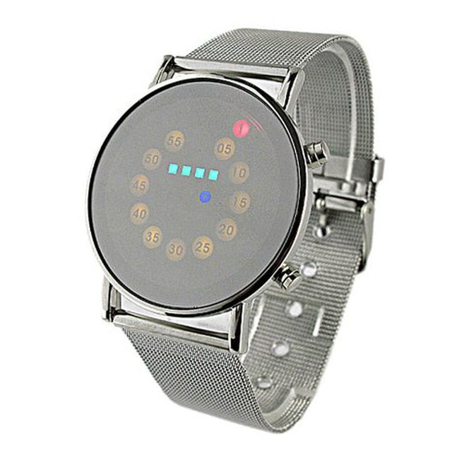 Unique Stainless Steel Man Woman Wacth Fashion Red + Yellow + Green + Blue LED Light Display Unisex Men Women Watches relogio