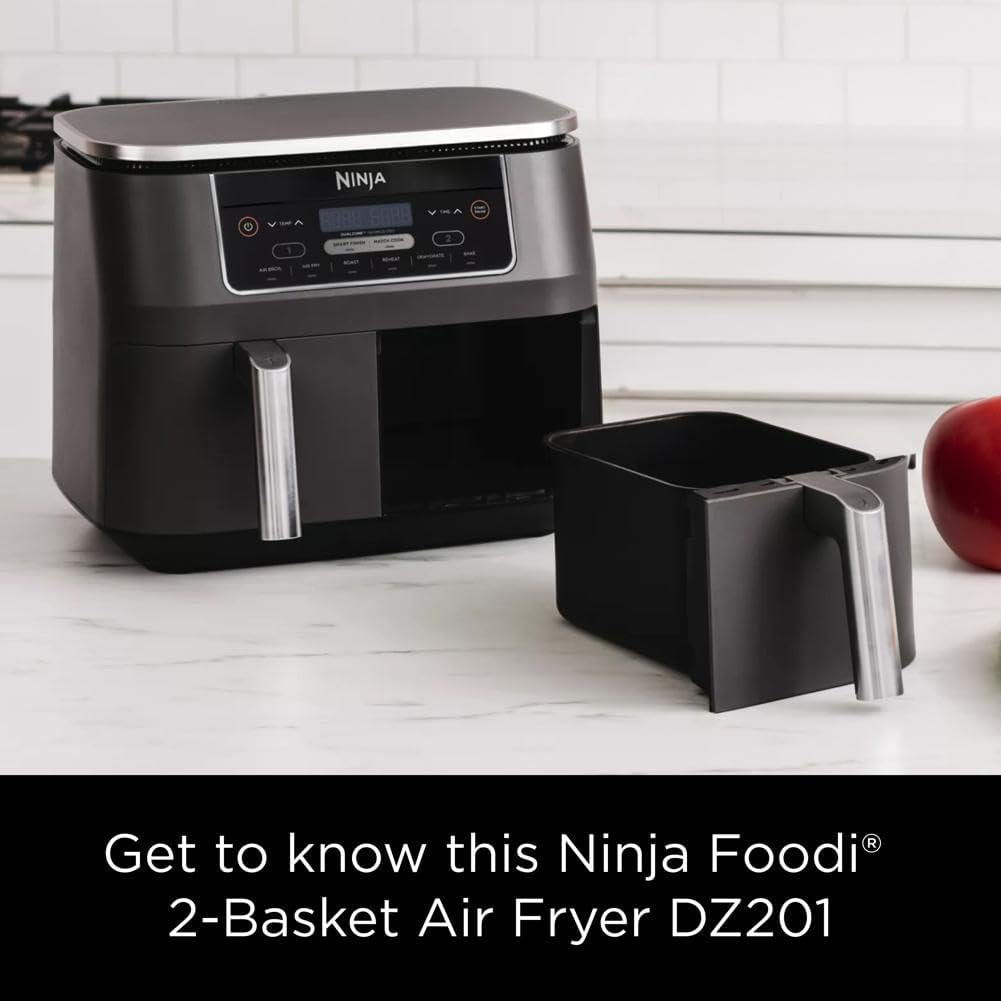 Ninja DZ071 Foodi 6-in-1 FlexBasket Air Fryer with 7-QT MegaZone & Basket Divider for Large Proteins & Full Meals, Smart Finish Cook 2 Foods 2 Ways, Family Sized Capacity, Air Fry, Roast & More, Black