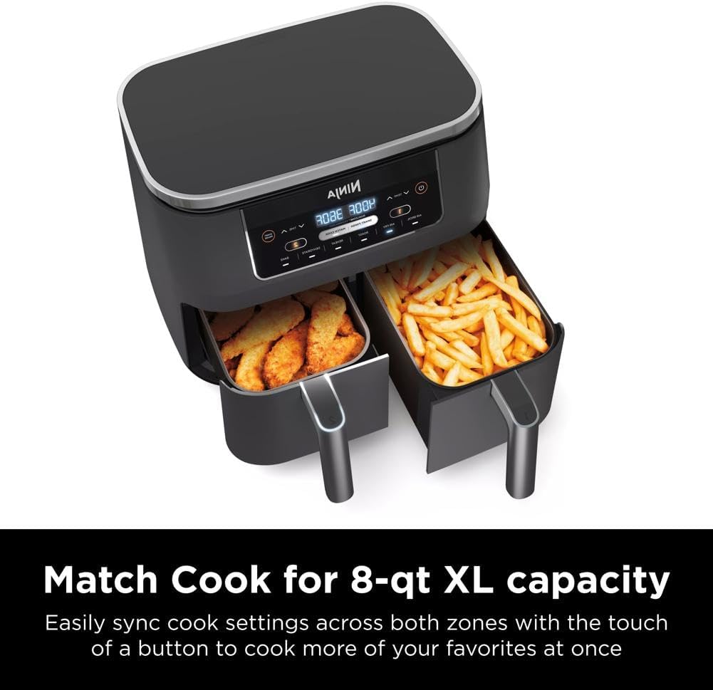Ninja DZ401 Foodi 10 Quart 6-in-1 DualZone XL 2-Basket Air Fryer with 2 Independent Frying Baskets, Match Cook & Smart Finish to Roast, Broil, Dehydrate for Quick, Easy Family-Sized Meals, Grey