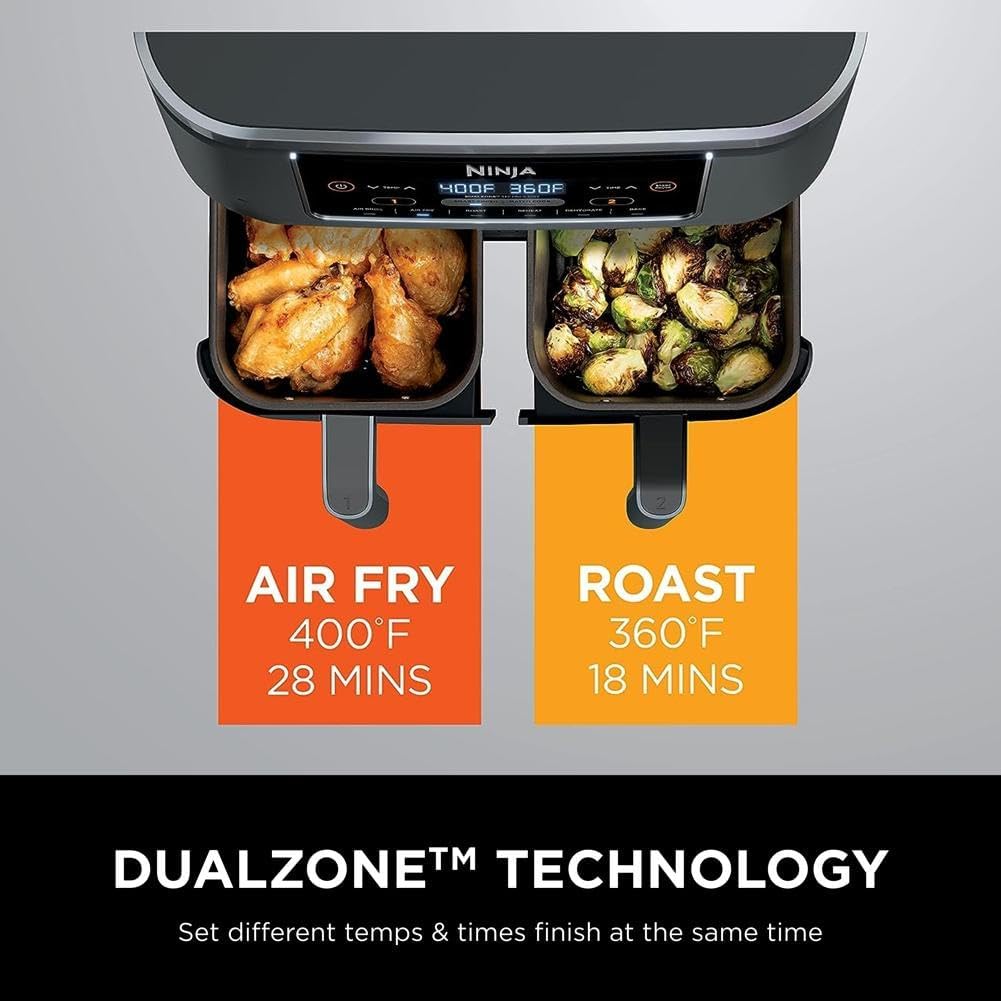Ninja DZ071 Foodi 6-in-1 FlexBasket Air Fryer with 7-QT MegaZone & Basket Divider for Large Proteins & Full Meals, Smart Finish Cook 2 Foods 2 Ways, Family Sized Capacity, Air Fry, Roast & More, Black
