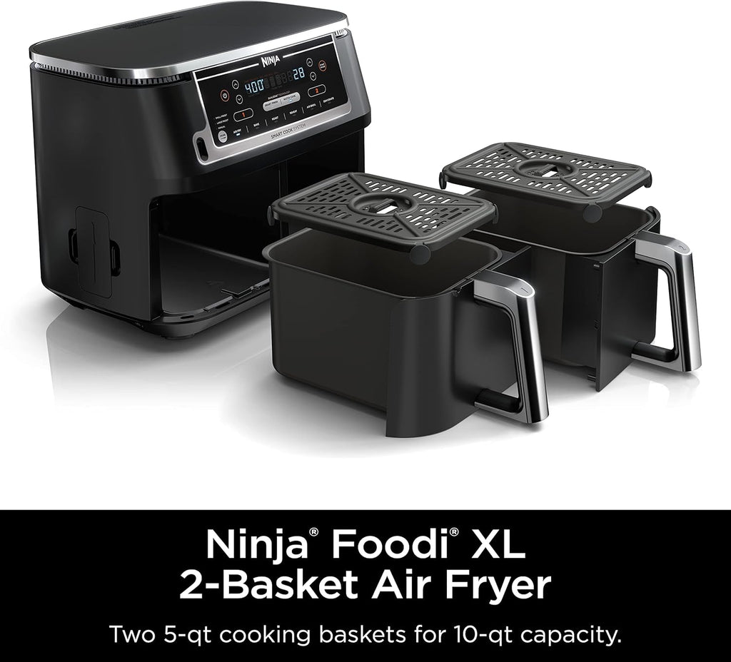 Ninja DZ071 Foodi 6-in-1 FlexBasket Air Fryer with 7-QT MegaZone & Basket Divider for Large Proteins & Full Meals, Smart Finish Cook 2 Foods 2 Ways, Family Sized Capacity, Air Fry, Roast & More, Black