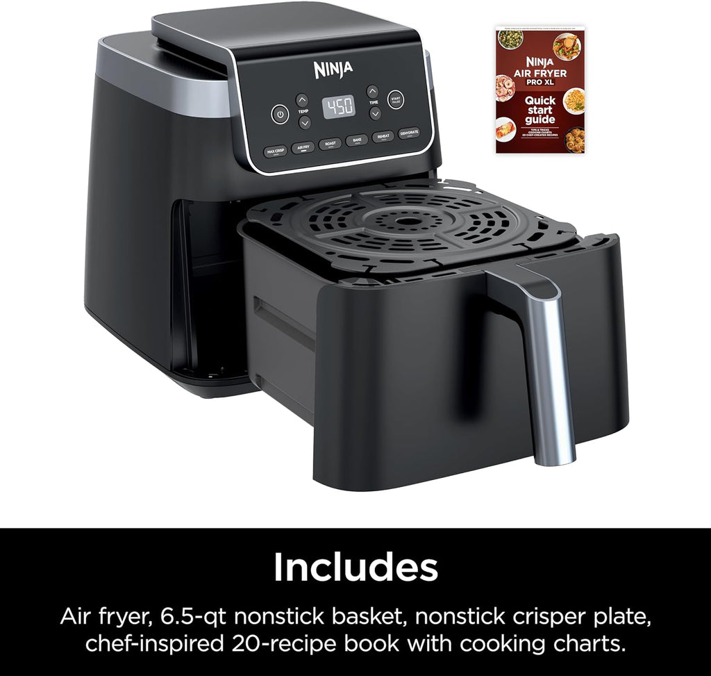 Ninja Air Fryer Pro XL 7-in-1, Max Crisp Tech, 450F for Hotter, Crispy Results, 6.5 QT Capacity fits 9lb wings, Max Crisp, Broil, Air Fry, Roast, Bake, Reheat, Dehydrate, Space Saving, Grey, AF182AMZ
