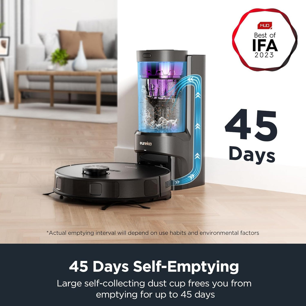 Eureka Robot Vacuum with Bagless Self Emptying Station, Robotic Vacuum and Mop Combo, 45-Day Capacity, 4000Pa Suction, Auto Lifting Mop, LiDAR Navigation, NER E10s BK