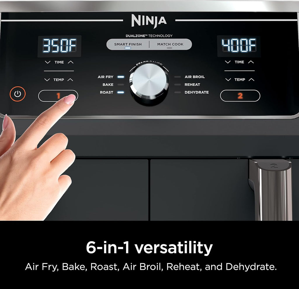 Ninja DZ071 Foodi 6-in-1 FlexBasket Air Fryer with 7-QT MegaZone & Basket Divider for Large Proteins & Full Meals, Smart Finish Cook 2 Foods 2 Ways, Family Sized Capacity, Air Fry, Roast & More, Black
