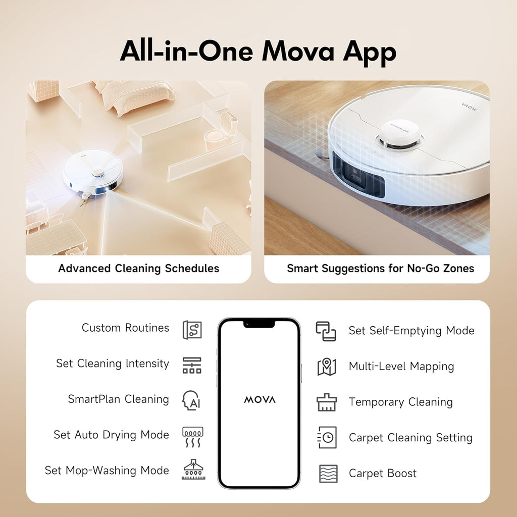 MOVA P10 Pro Ultra Robot Vacuum and Mop 13,000Pa Suction, 140°F Hot Water Auto Mop Washing & Drying, Dual Spinning Extenable Mop,10.5mm Mop Lifting for Carpet, 360°Obstacle Avoidance, App Control
