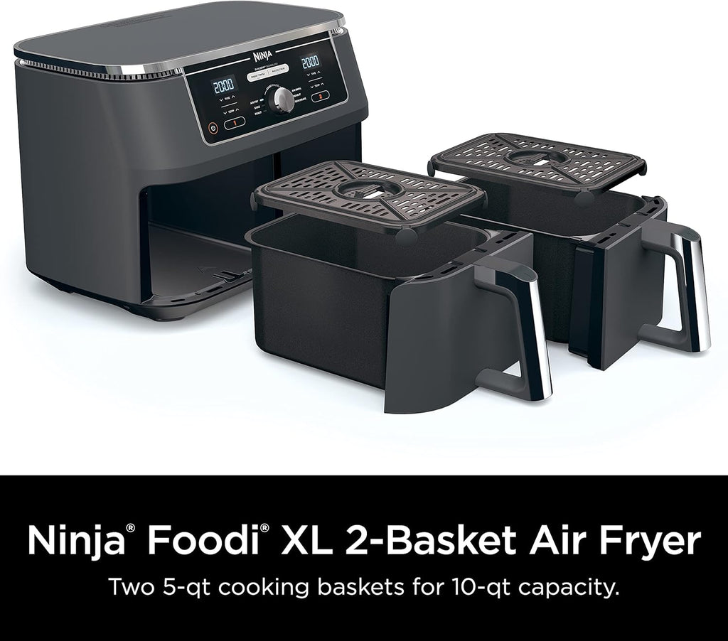 Ninja DZ071 Foodi 6-in-1 FlexBasket Air Fryer with 7-QT MegaZone & Basket Divider for Large Proteins & Full Meals, Smart Finish Cook 2 Foods 2 Ways, Family Sized Capacity, Air Fry, Roast & More, Black