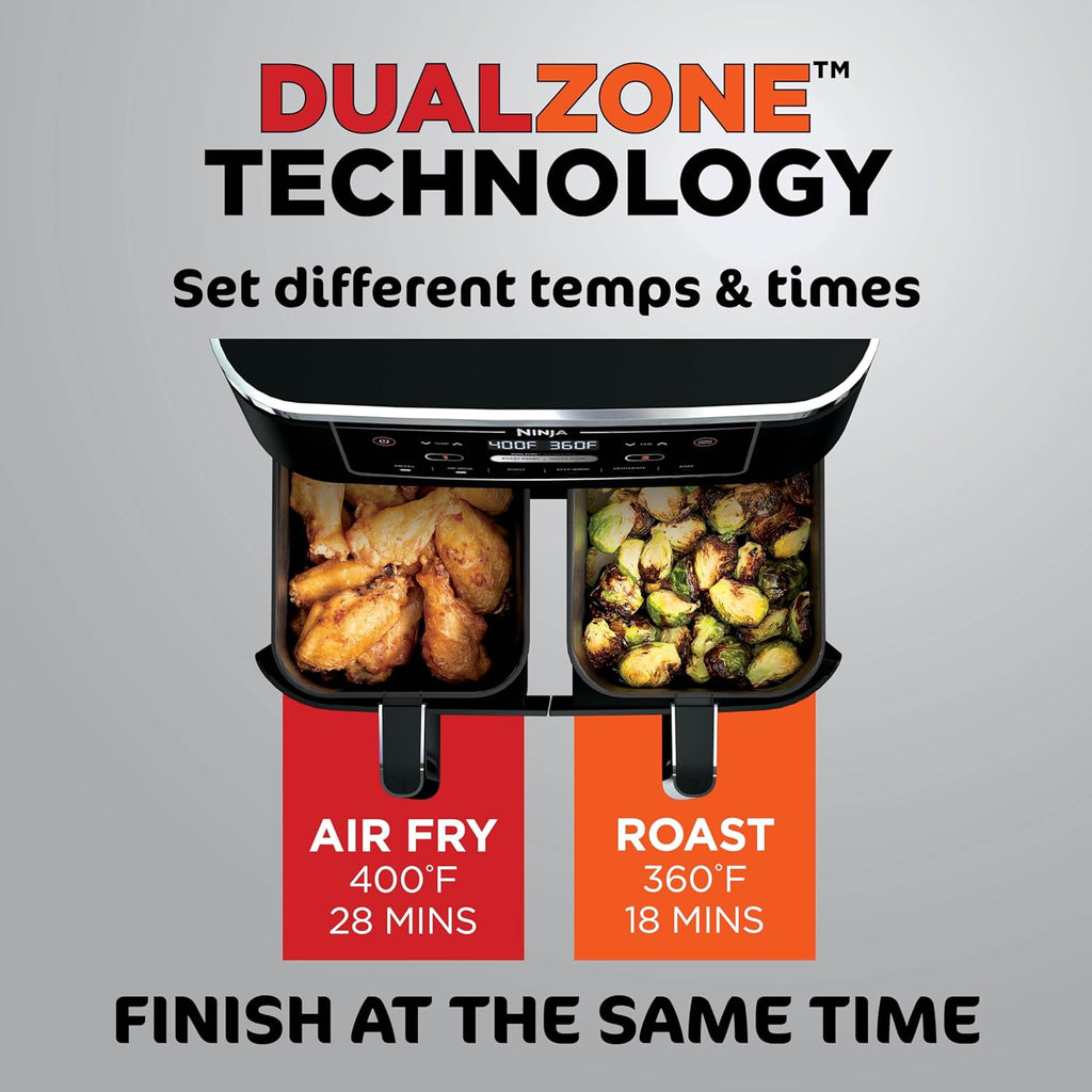Ninja DZ071 Foodi 6-in-1 FlexBasket Air Fryer with 7-QT MegaZone & Basket Divider for Large Proteins & Full Meals, Smart Finish Cook 2 Foods 2 Ways, Family Sized Capacity, Air Fry, Roast & More, Black