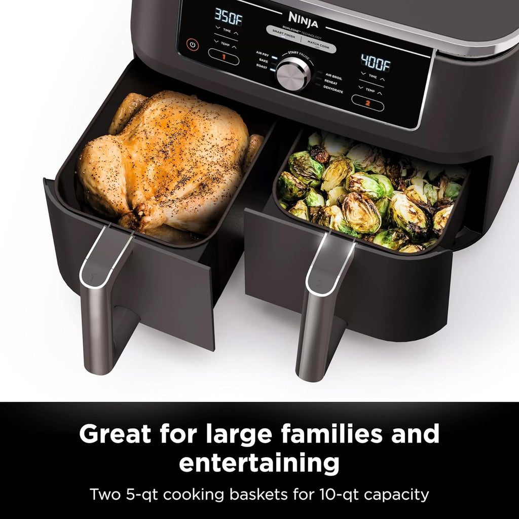 Ninja DZ071 Foodi 6-in-1 FlexBasket Air Fryer with 7-QT MegaZone & Basket Divider for Large Proteins & Full Meals, Smart Finish Cook 2 Foods 2 Ways, Family Sized Capacity, Air Fry, Roast & More, Black