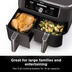 Ninja DZ071 Foodi 6-in-1 FlexBasket Air Fryer with 7-QT MegaZone & Basket Divider for Large Proteins & Full Meals, Smart Finish Cook 2 Foods 2 Ways, Family Sized Capacity, Air Fry, Roast & More, Black