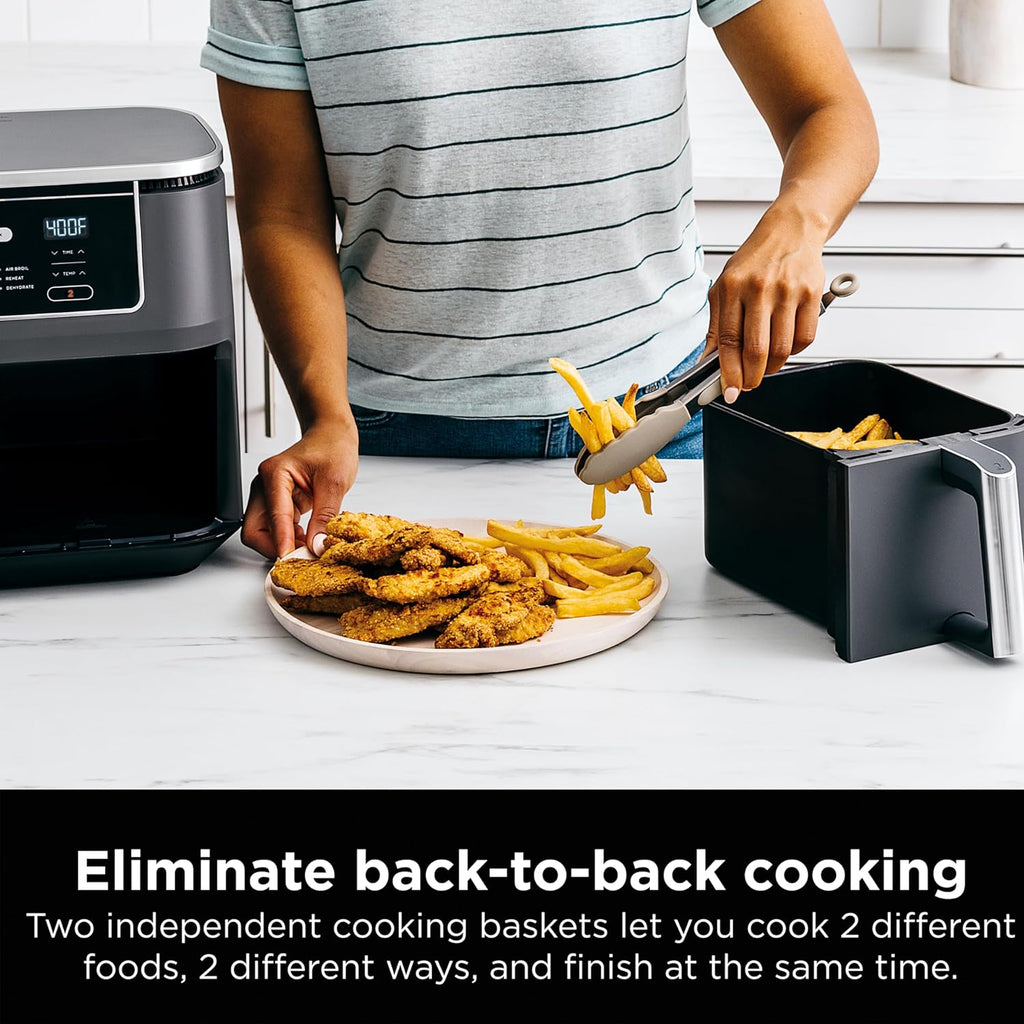 Ninja DZ071 Foodi 6-in-1 FlexBasket Air Fryer with 7-QT MegaZone & Basket Divider for Large Proteins & Full Meals, Smart Finish Cook 2 Foods 2 Ways, Family Sized Capacity, Air Fry, Roast & More, Black