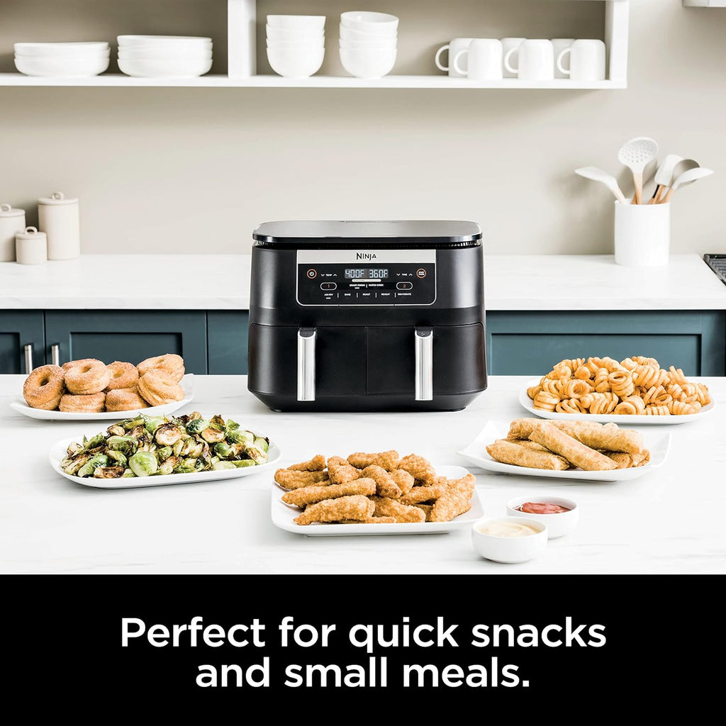 Ninja DZ090 Foodi 6 Quart 5-in-1 DualZone 2-Basket Air Fryer with 2 Independent Frying Baskets, Match Cook & Smart Finish to Roast, Bake, Dehydrate & More for Quick Snacks & Small Meals, Black