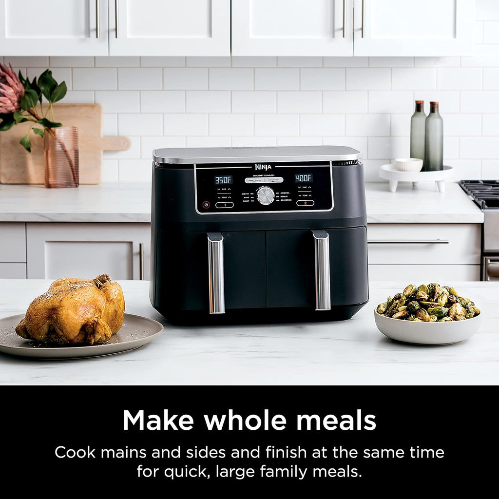 Ninja DZ071 Foodi 6-in-1 FlexBasket Air Fryer with 7-QT MegaZone & Basket Divider for Large Proteins & Full Meals, Smart Finish Cook 2 Foods 2 Ways, Family Sized Capacity, Air Fry, Roast & More, Black