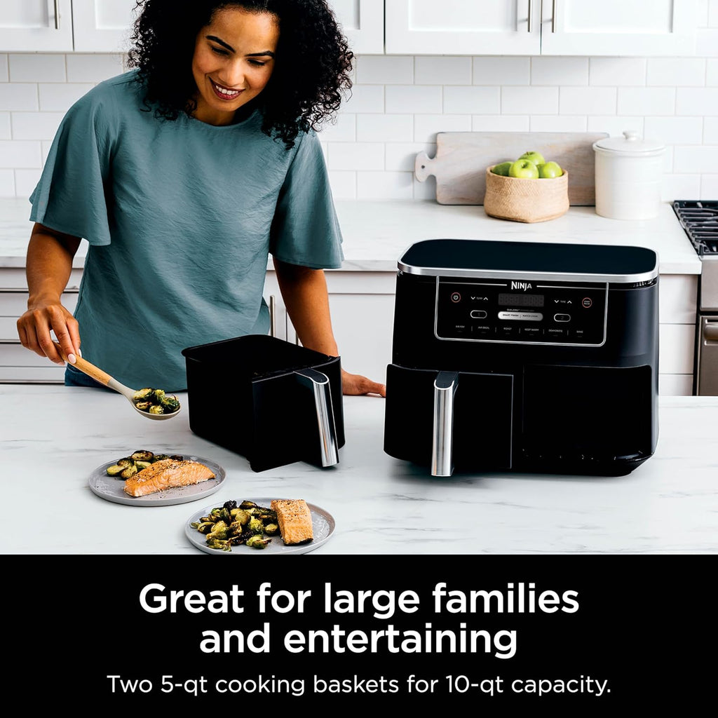 Ninja DZ071 Foodi 6-in-1 FlexBasket Air Fryer with 7-QT MegaZone & Basket Divider for Large Proteins & Full Meals, Smart Finish Cook 2 Foods 2 Ways, Family Sized Capacity, Air Fry, Roast & More, Black