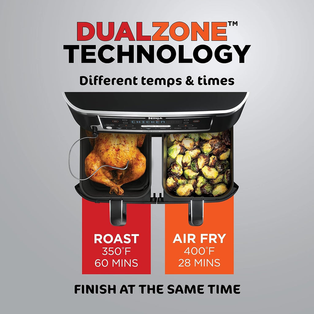 Ninja DZ401 Foodi 10 Quart 6-in-1 DualZone XL 2-Basket Air Fryer with 2 Independent Frying Baskets, Match Cook & Smart Finish to Roast, Broil, Dehydrate for Quick, Easy Family-Sized Meals, Grey
