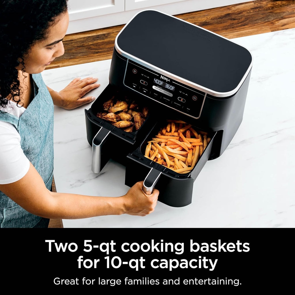 Ninja DZ071 Foodi 6-in-1 FlexBasket Air Fryer with 7-QT MegaZone & Basket Divider for Large Proteins & Full Meals, Smart Finish Cook 2 Foods 2 Ways, Family Sized Capacity, Air Fry, Roast & More, Black
