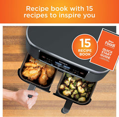 Ninja DZ071 Foodi 6-in-1 FlexBasket Air Fryer with 7-QT MegaZone & Basket Divider for Large Proteins & Full Meals, Smart Finish Cook 2 Foods 2 Ways, Family Sized Capacity, Air Fry, Roast & More, Black