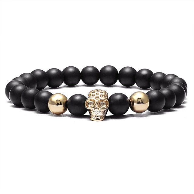 LIVVY Charm Stone Natural Pearl Men's Bracelet Punk CZ Head Skeleton Bracelet Men's Fashion Bead Bracelet