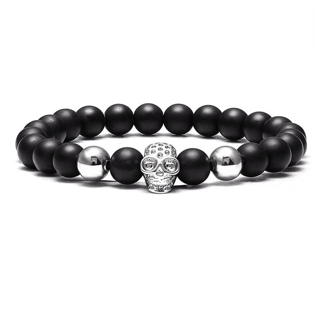 LIVVY Charm Stone Natural Pearl Men's Bracelet Punk CZ Head Skeleton Bracelet Men's Fashion Bead Bracelet
