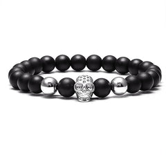 LIVVY Charm Stone Natural Pearl Men's Bracelet Punk CZ Head Skeleton Bracelet Men's Fashion Bead Bracelet