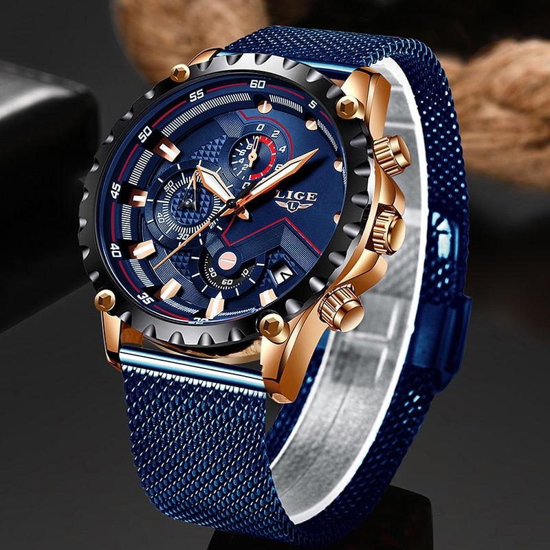2019 New LIGE Blue Casual Mesh Belt Fashion Quartz Gold Watch Mens Watches Top Brand Luxury Waterproof Clock Relogio Masculino