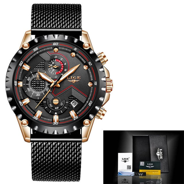 2019 New LIGE Blue Casual Mesh Belt Fashion Quartz Gold Watch Mens Watches Top Brand Luxury Waterproof Clock Relogio Masculino