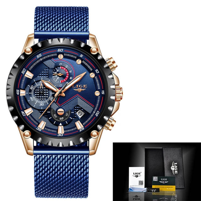 2019 New LIGE Blue Casual Mesh Belt Fashion Quartz Gold Watch Mens Watches Top Brand Luxury Waterproof Clock Relogio Masculino
