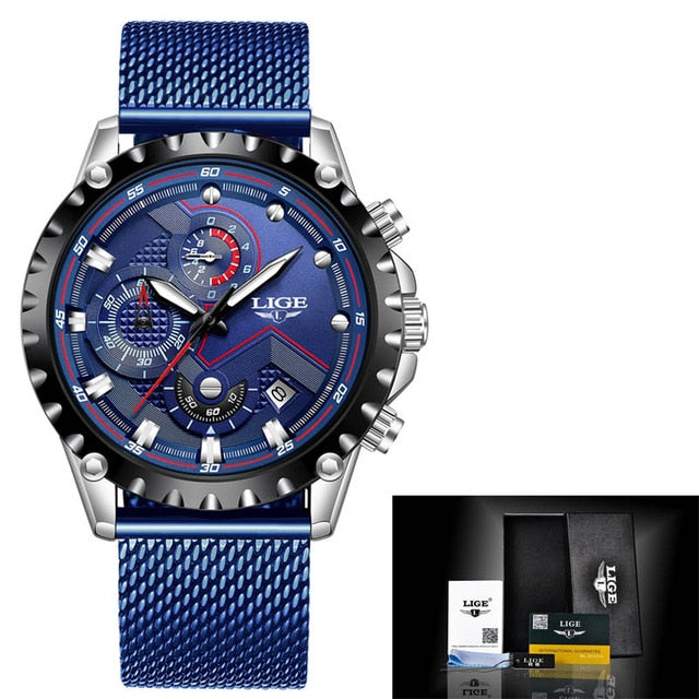 2019 New LIGE Blue Casual Mesh Belt Fashion Quartz Gold Watch Mens Watches Top Brand Luxury Waterproof Clock Relogio Masculino