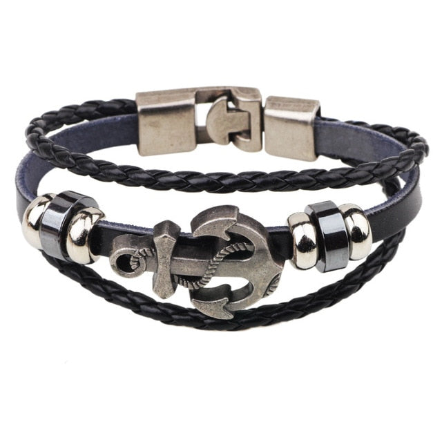 2019 Newest Design Fashion Multi-layer Leather Bracelet Men Vintage Punk Anchor Bracelets Women Nautical Jewelry Preferred Gift