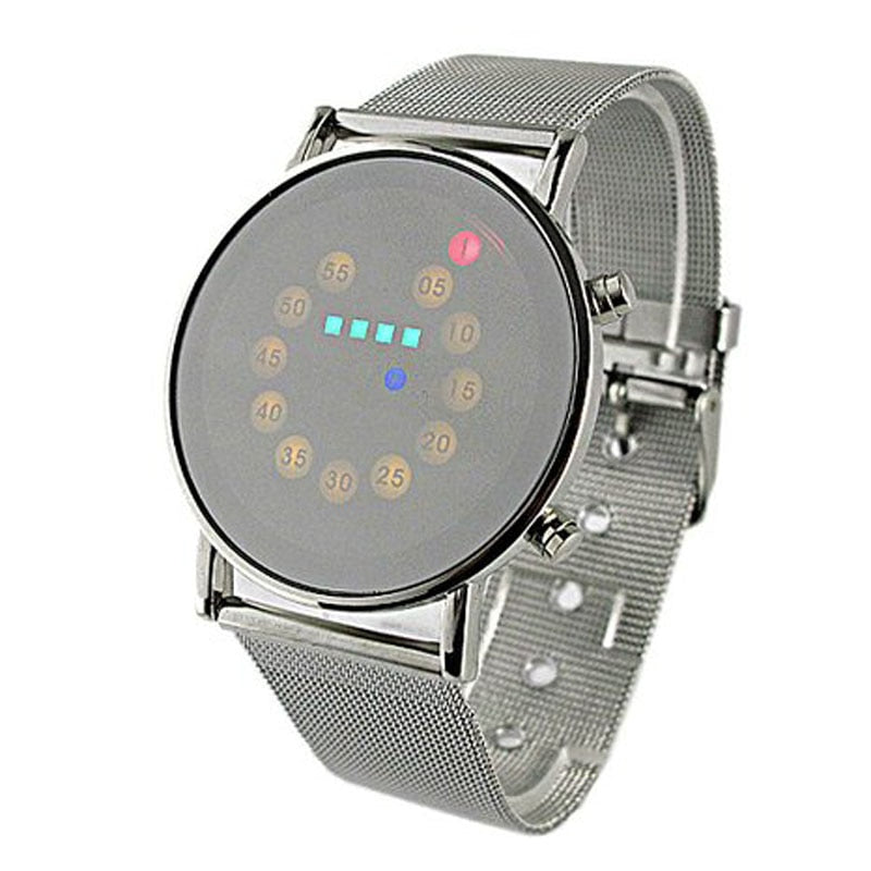 Unique Stainless Steel Man Woman Wacth Fashion Red + Yellow + Green + Blue LED Light Display Unisex Men Women Watches relogio