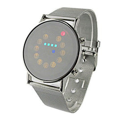 Unique Stainless Steel Man Woman Wacth Fashion Red + Yellow + Green + Blue LED Light Display Unisex Men Women Watches relogio