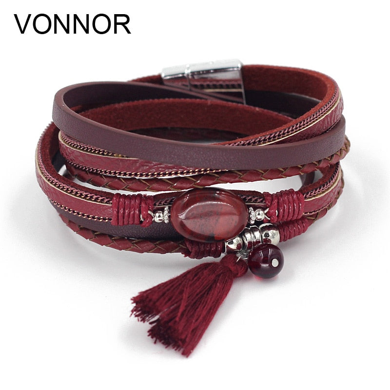 VONNOR Jewelry Boho Bracelets for Women Leather Wrap Bracelet Stone Tassel Charm Bracelets autumn Winter Femme Accessories